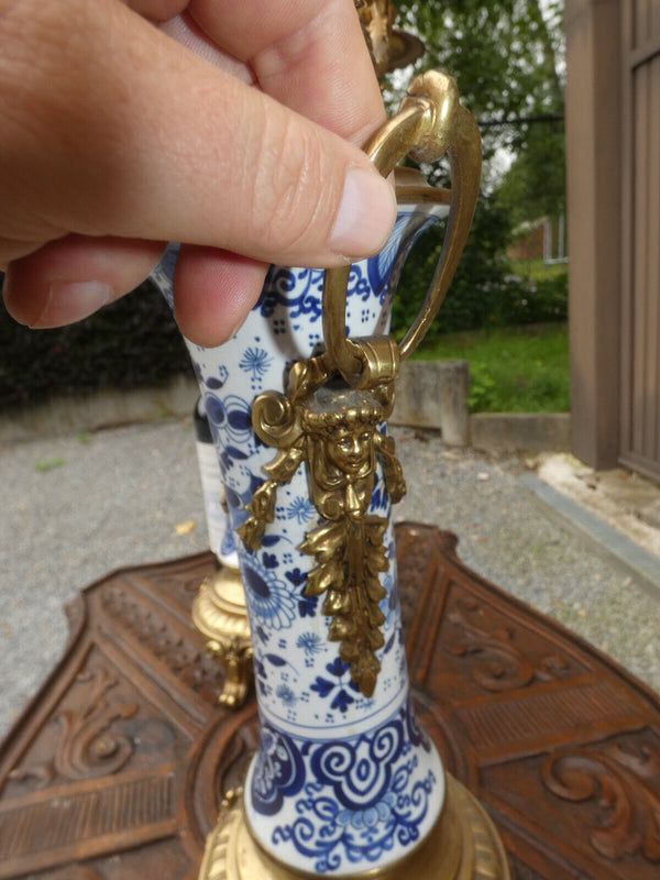 Antique Boch blue white delft  pottery  brass angels dragons Candelabras rare
