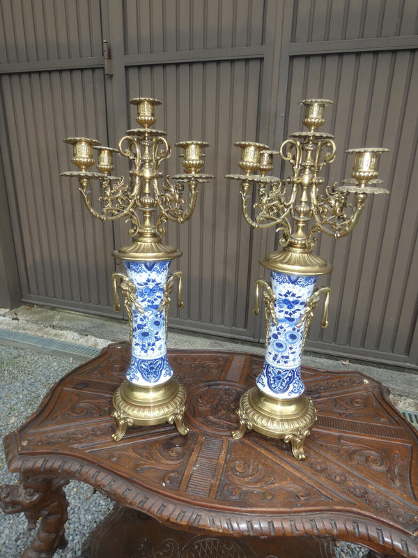 Antique Boch blue white delft  pottery  brass angels dragons Candelabras rare