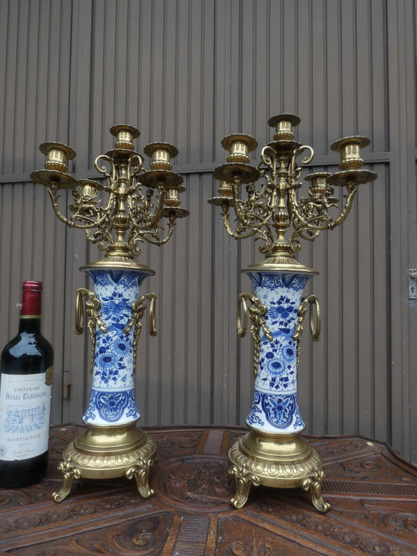 Antique Boch blue white delft  pottery  brass angels dragons Candelabras rare
