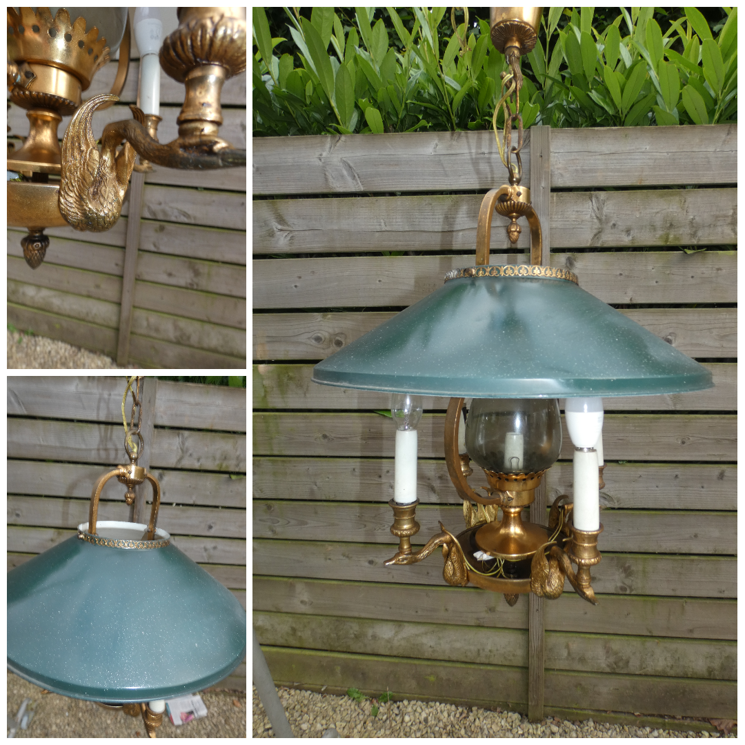 1960 French Bouillotte Design Lamp chandelier swan brass figural decor
