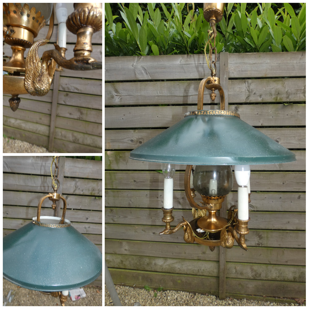 1960 French Bouillotte Design Lamp chandelier swan brass figural decor