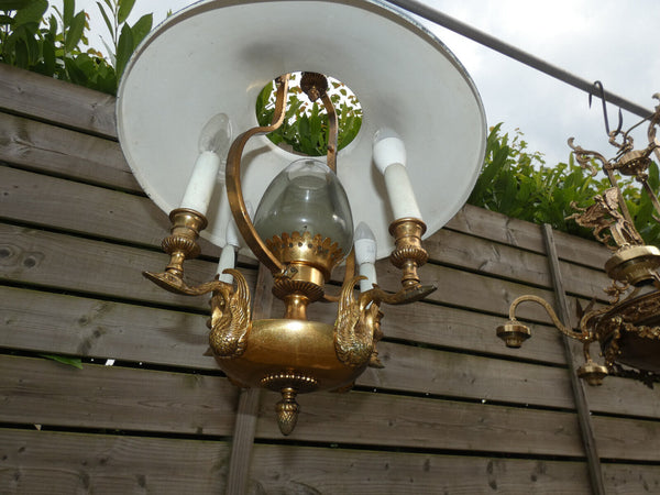 1960 French Bouillotte Design Lamp chandelier swan brass figural decor