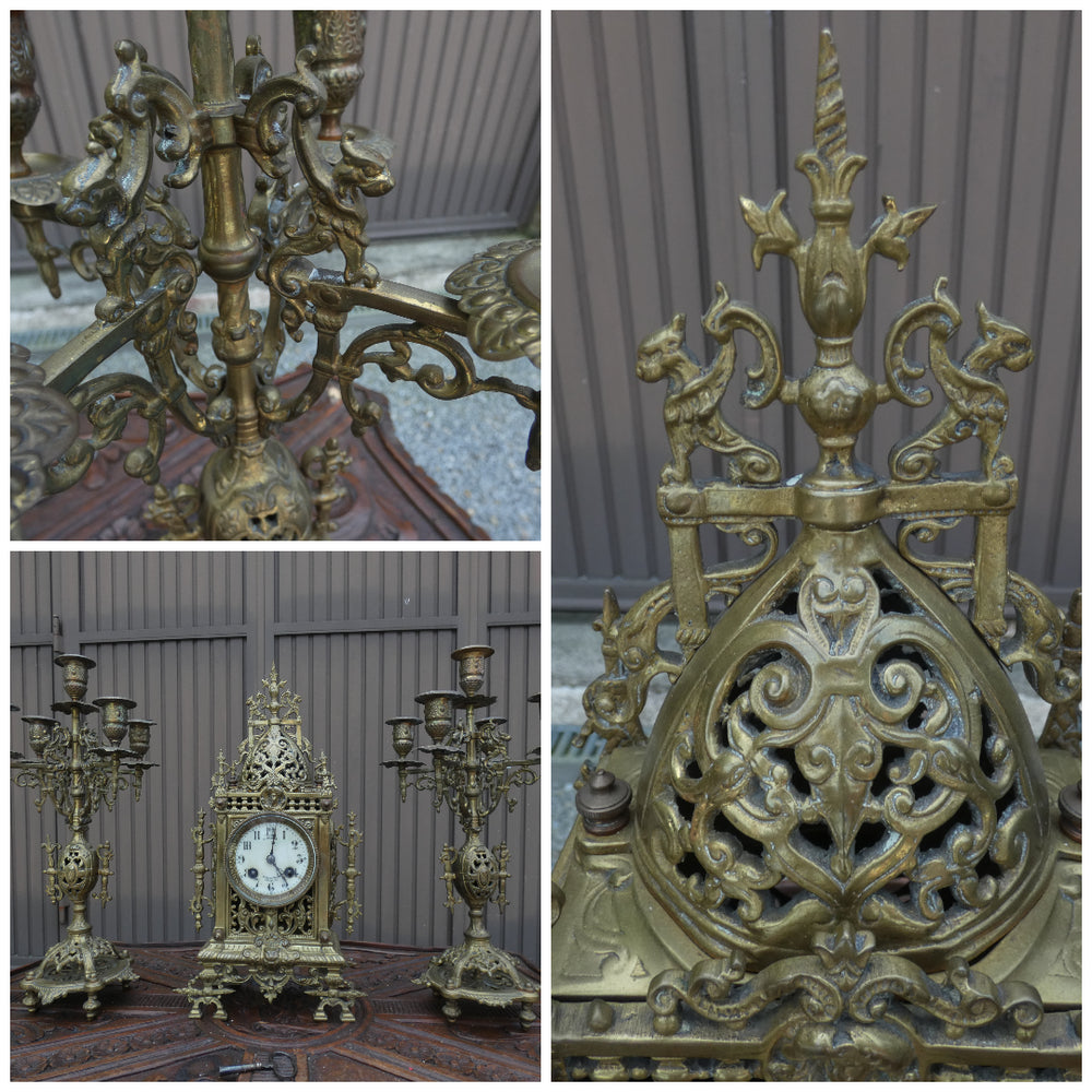 Antique french bronze mantel set clock candelabra dragons lion