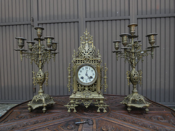 Antique french bronze mantel set clock candelabra dragons lion