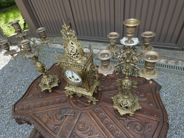 Antique french bronze mantel set clock candelabra dragons lion