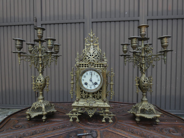 Antique french bronze mantel set clock candelabra dragons lion