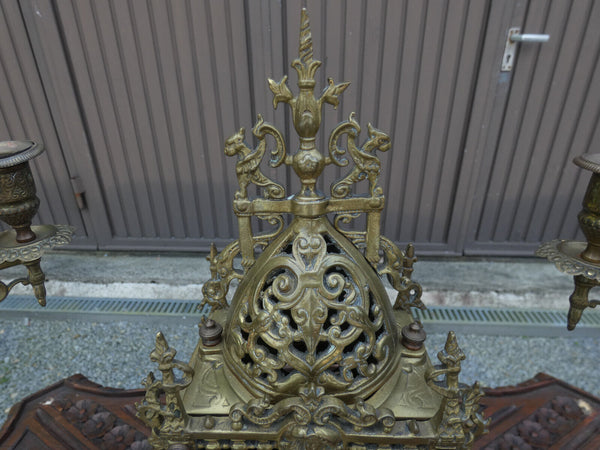 Antique french bronze mantel set clock candelabra dragons lion