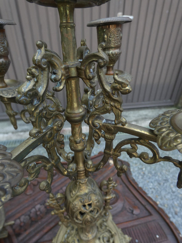 Antique french bronze mantel set clock candelabra dragons lion