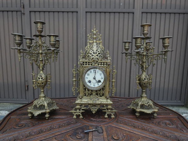 Antique french bronze mantel set clock candelabra dragons lion