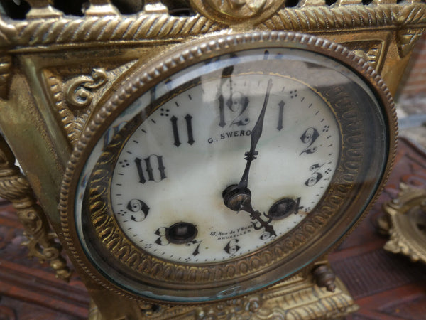 Antique french bronze mantel set clock candelabra dragons lion