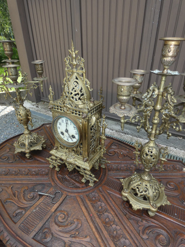 Antique french bronze mantel set clock candelabra dragons lion