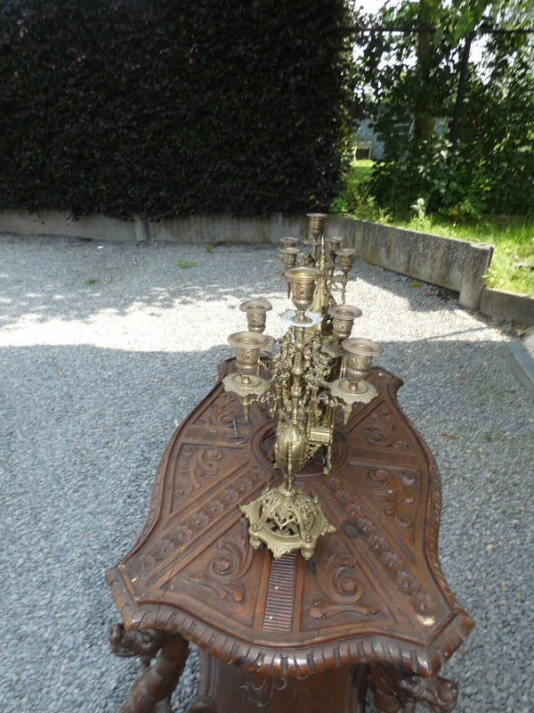 Antique french bronze mantel set clock candelabra dragons lion