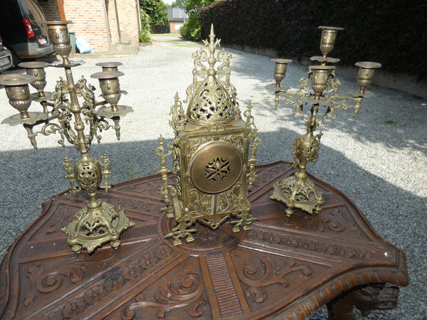Antique french bronze mantel set clock candelabra dragons lion