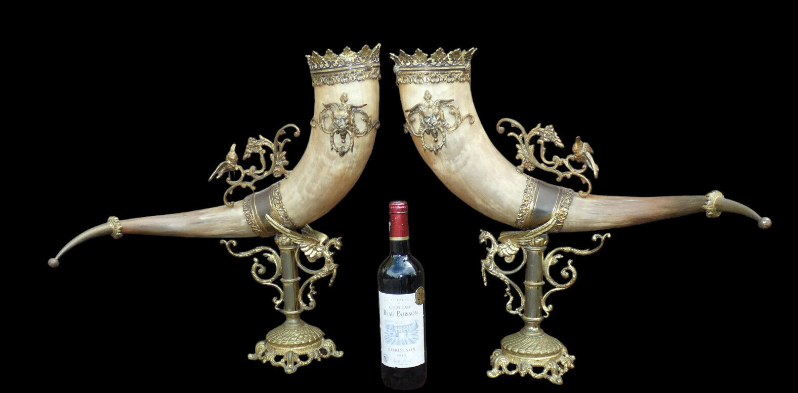 PAir antique XL Bronze dragon Satyr devil head horn statue sculpture rare