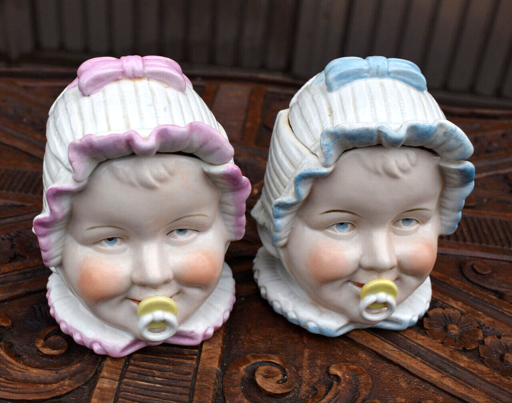 PAir antique  Baby head German  Ceramic Tobacco Jar Humidor lidded