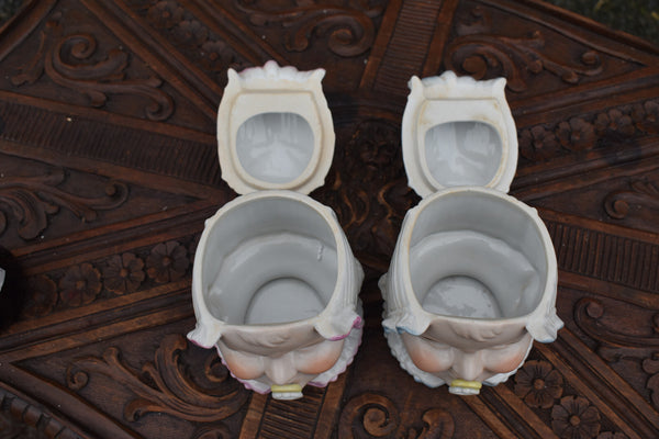 PAir antique  Baby head German  Ceramic Tobacco Jar Humidor lidded