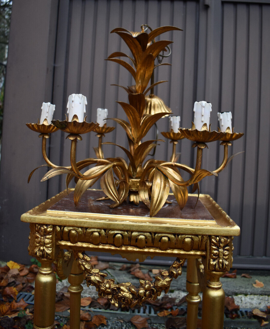 Hollywood regency 1970 metal gold gilt Leaf chandelier lamp