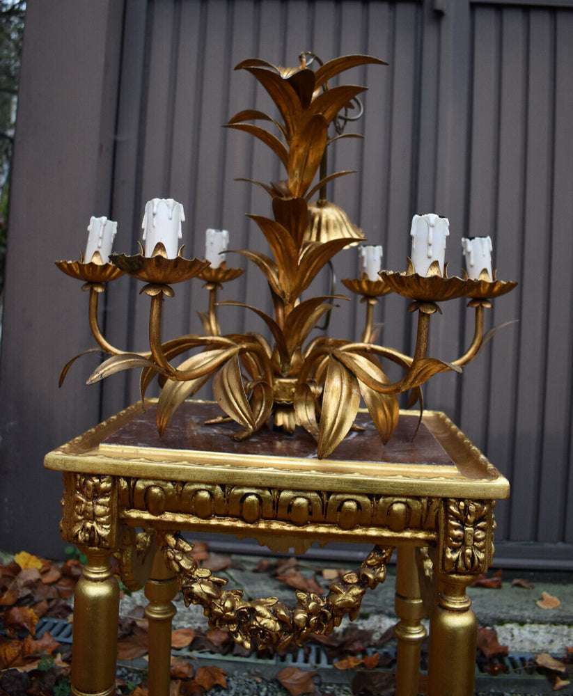 Hollywood regency 1970 metal gold gilt Leaf chandelier lamp