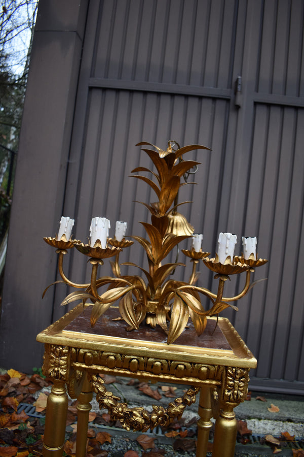 Hollywood regency 1970 metal gold gilt Leaf chandelier lamp