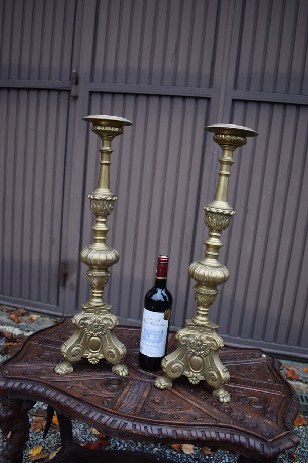 PAIR antique bronze church altar candelabras candle holders