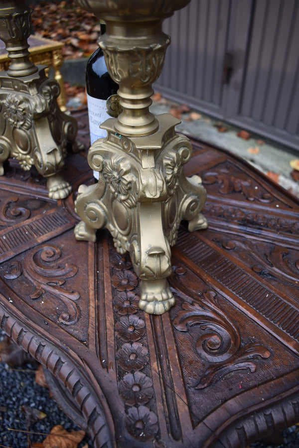 PAIR antique bronze church altar candelabras candle holders