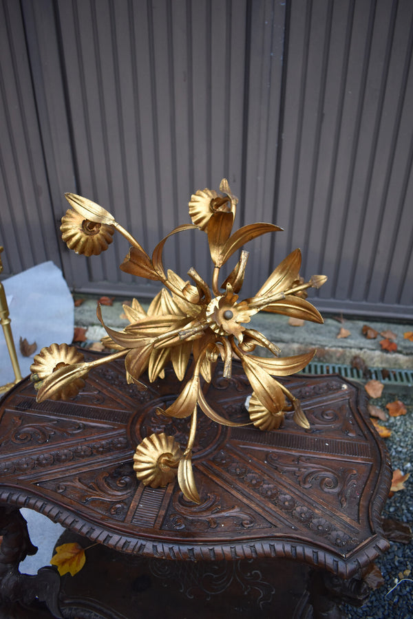 Hollywood regency 1970 metal gold gilt Leaf chandelier lamp