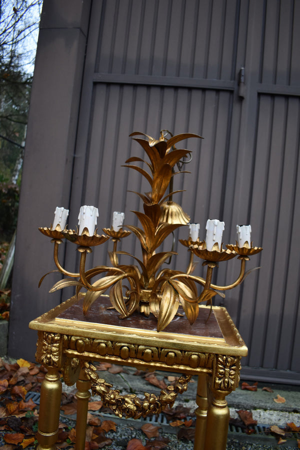 Hollywood regency 1970 metal gold gilt Leaf chandelier lamp