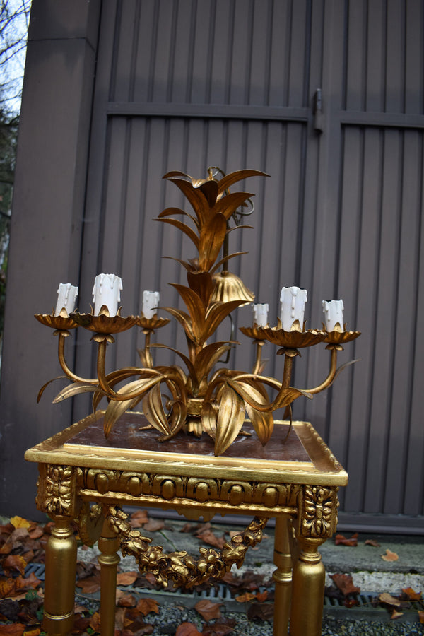 Hollywood regency 1970 metal gold gilt Leaf chandelier lamp