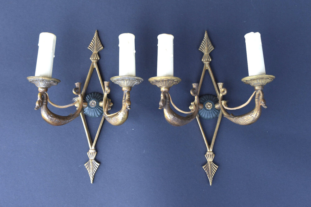 Vintage pair Empire design bronze wall lights sconces swan figural decor