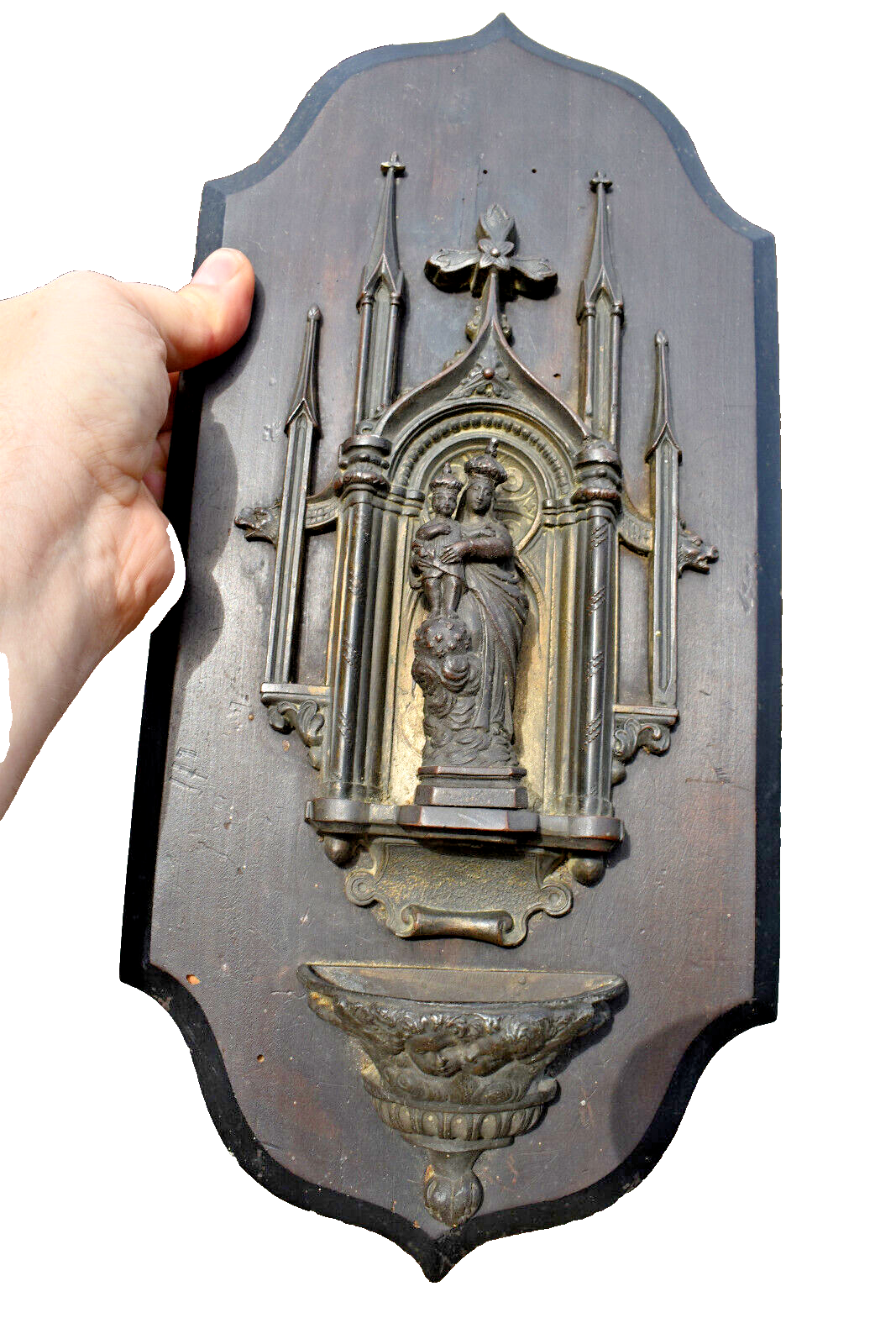 Antique large napoleon III spelter neo gothic madonna  niche holy water font