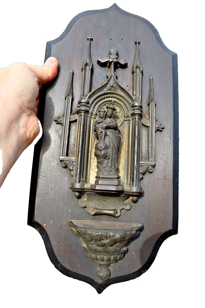 Antique large napoleon III spelter neo gothic madonna  niche holy water font