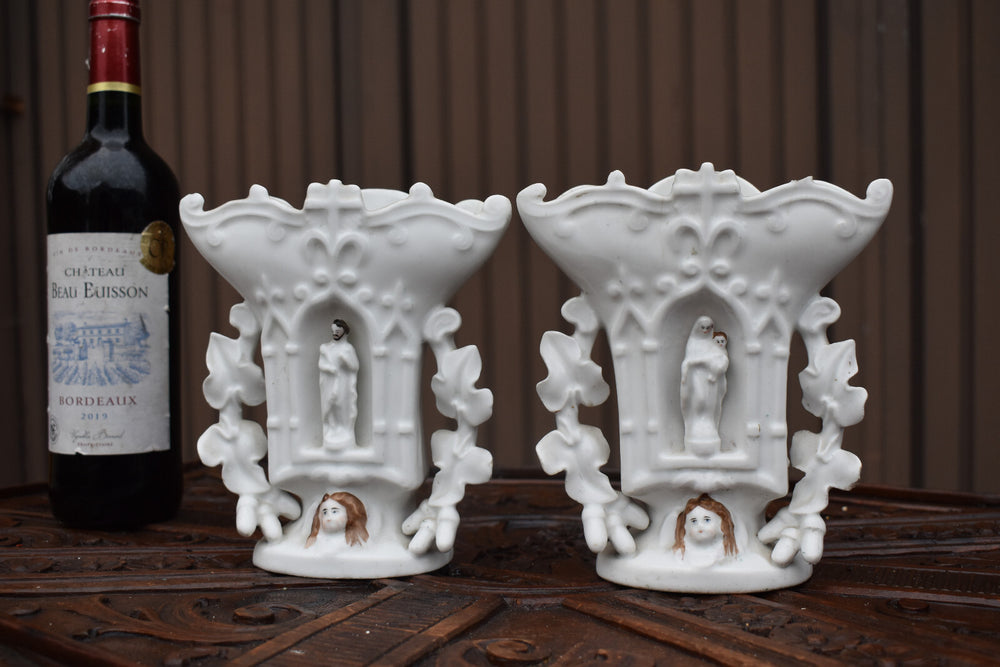 Pair antique french religious porcelain Vases niche Saint joseph mary set