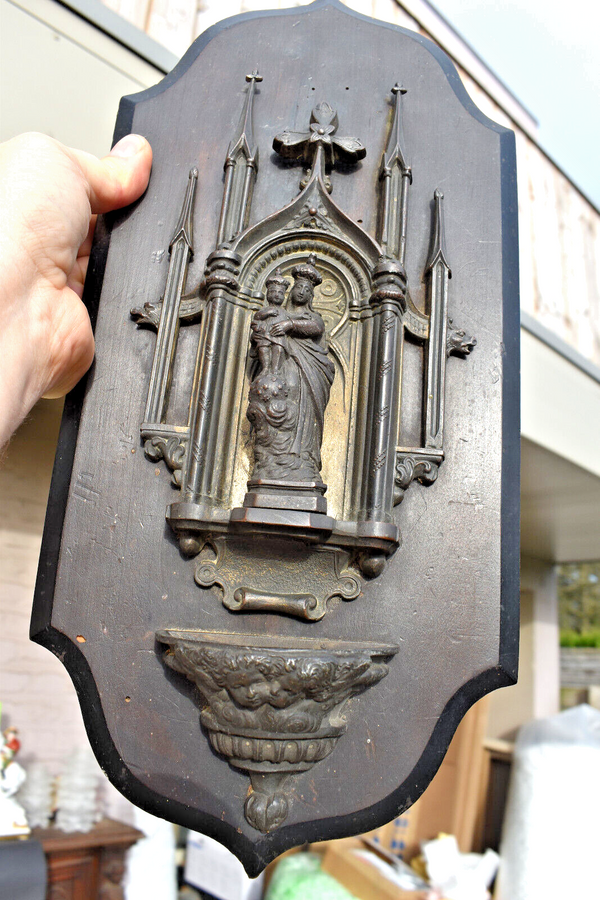 Antique large napoleon III spelter neo gothic madonna  niche holy water font