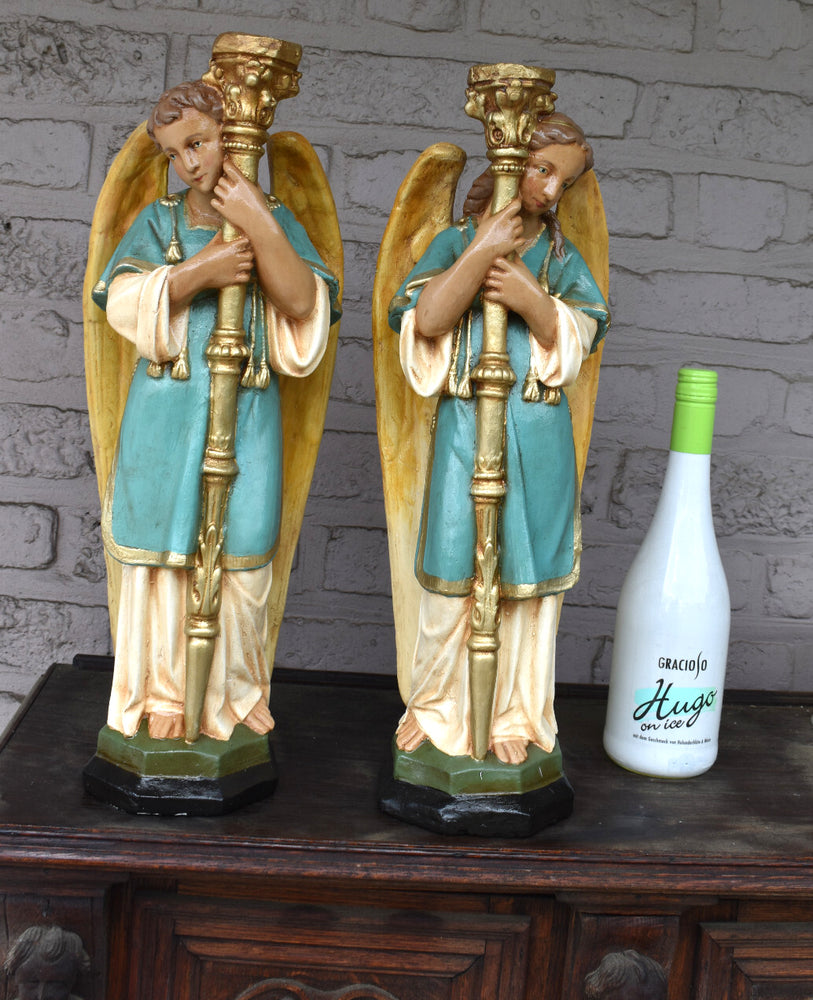 pair antique archangel figurine statue candle holder candelabra altar church