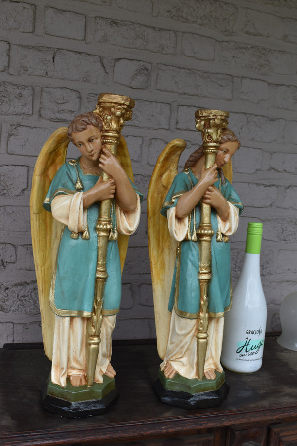 pair antique archangel figurine statue candle holder candelabra altar church
