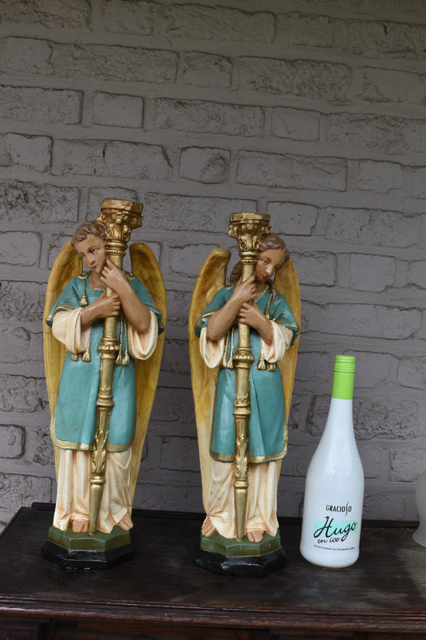 pair antique archangel figurine statue candle holder candelabra altar church
