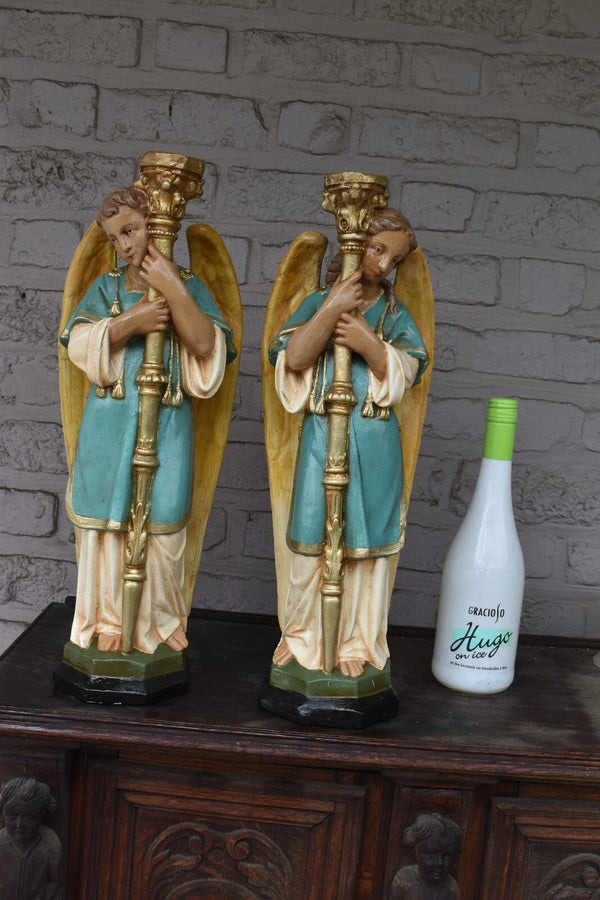 pair antique archangel figurine statue candle holder candelabra altar church