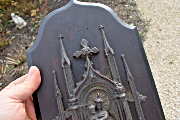 Antique large napoleon III spelter neo gothic madonna  niche holy water font