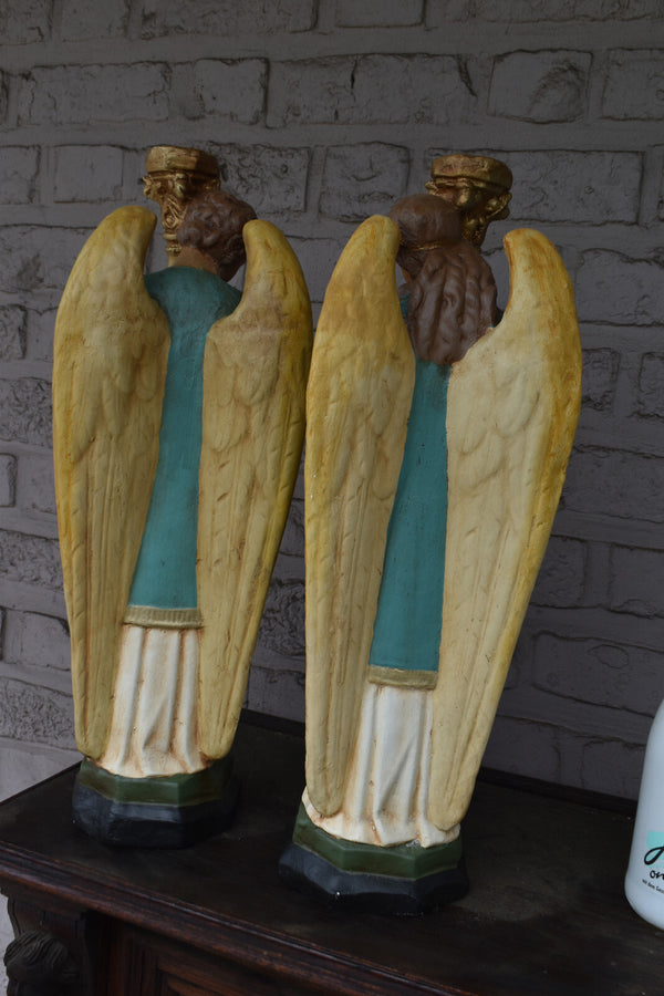 pair antique archangel figurine statue candle holder candelabra altar church