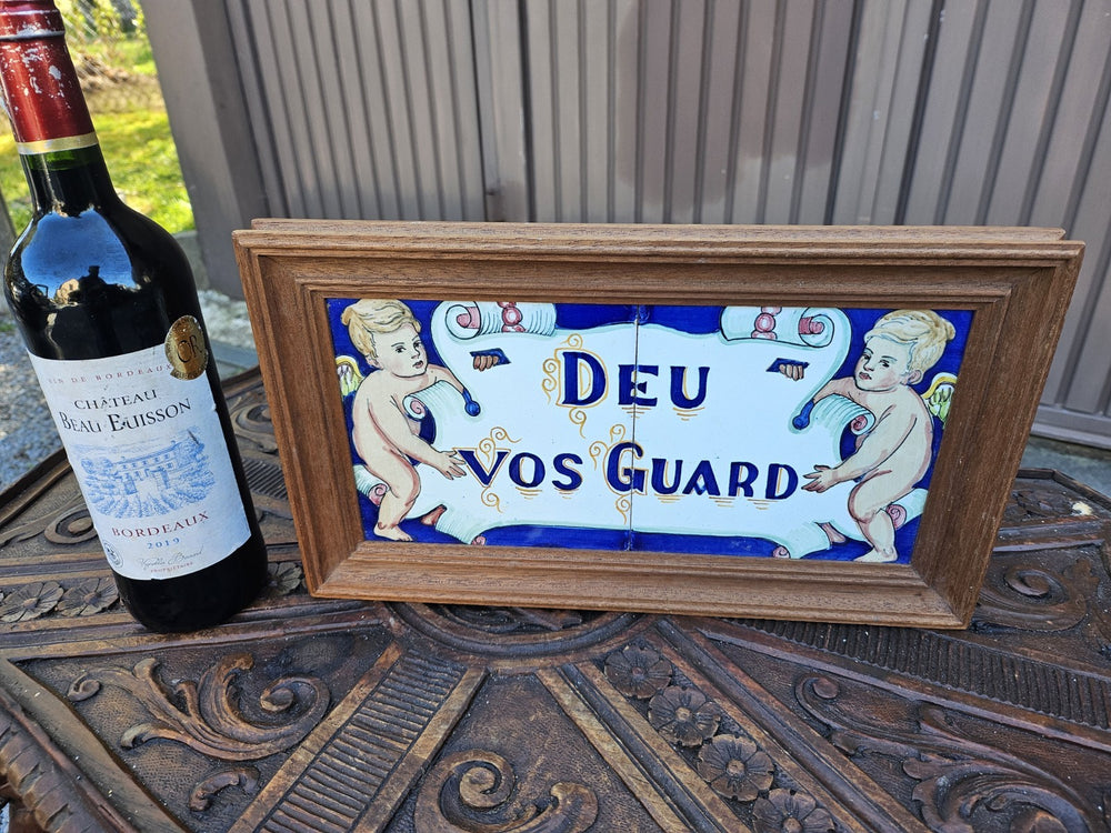 Vintage pottery tile in wood frame spanish text  God be with you angels