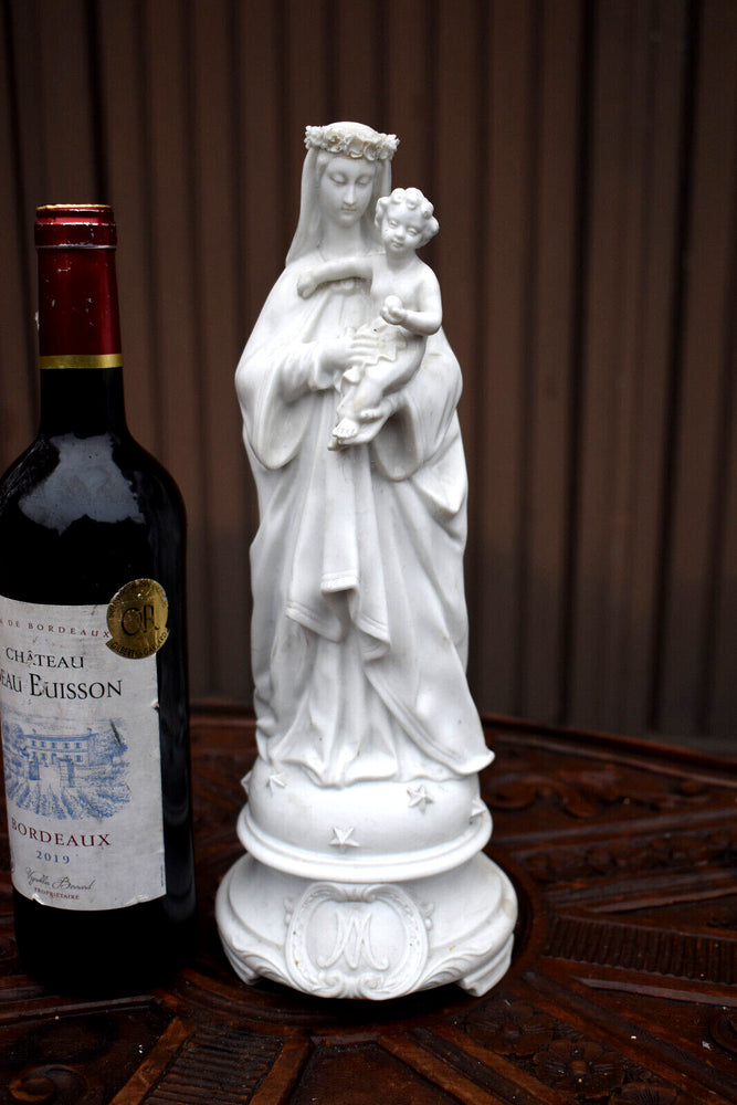 Antique french bisque porcelain madonna child statue