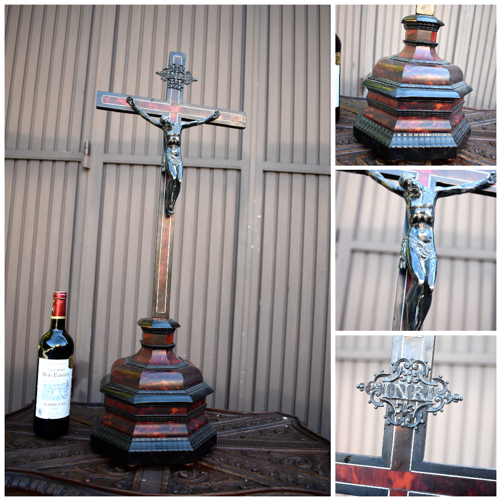 Antique 19thx XL 33" Inlay wood crucifix Silver corpus rare