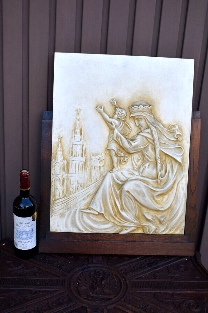 Antique large  19thc french chalk Relief madonna child wood plaque cathedral