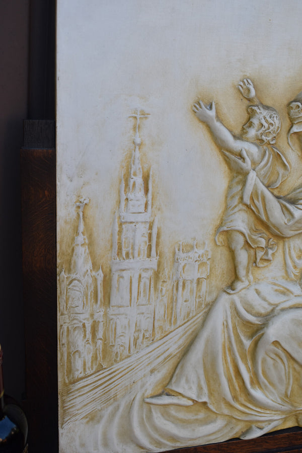Antique large  19thc french chalk Relief madonna child wood plaque cathedral