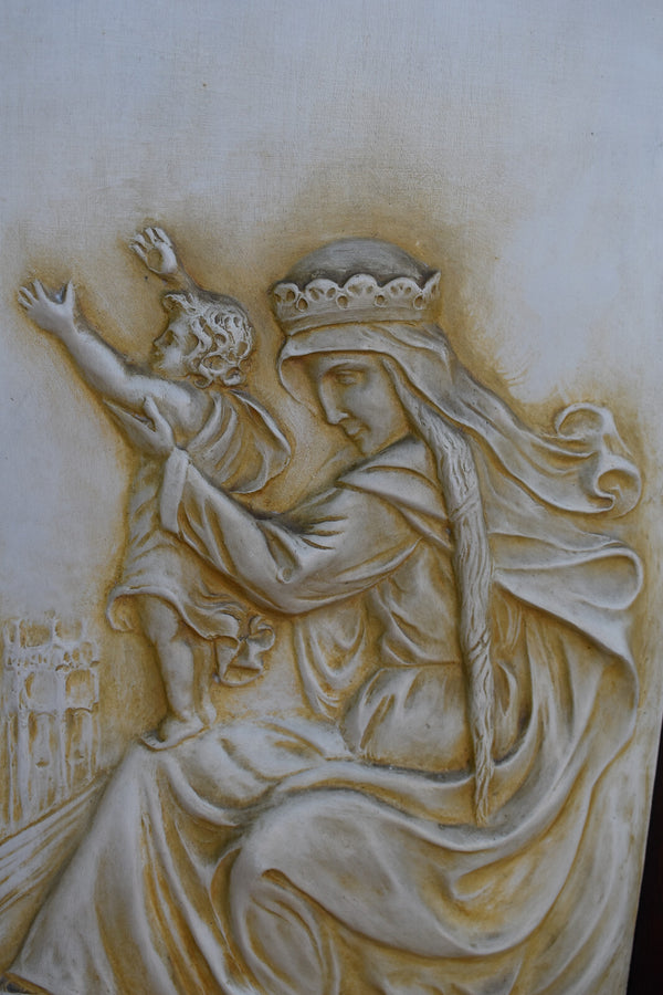 Antique large  19thc french chalk Relief madonna child wood plaque cathedral