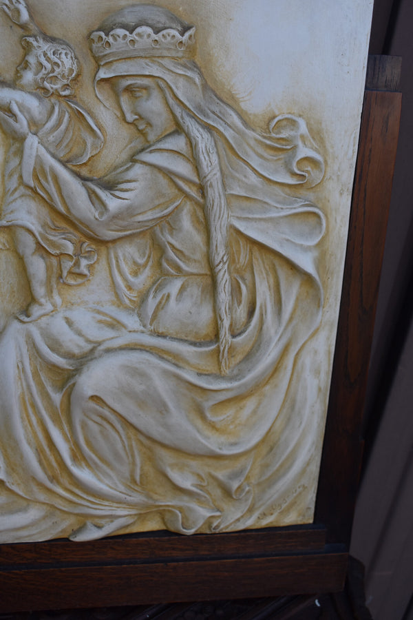 Antique large  19thc french chalk Relief madonna child wood plaque cathedral