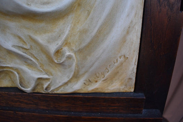 Antique large  19thc french chalk Relief madonna child wood plaque cathedral
