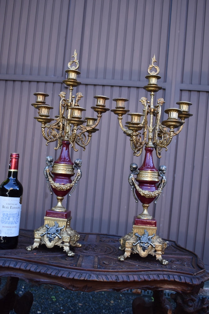 PAIR vintage bronze metal putti cherub figural XL candelabras candle holders set