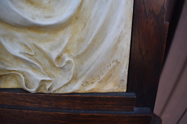 Antique large  19thc french chalk Relief madonna child wood plaque cathedral