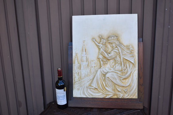 Antique large  19thc french chalk Relief madonna child wood plaque cathedral